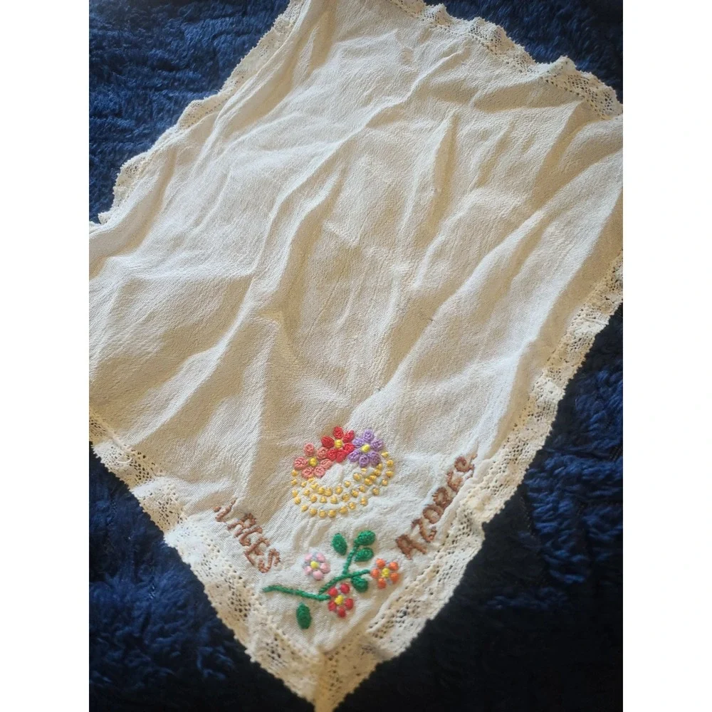 Vintage Terceira Azores Embroidered Red Silk Linens Set 3pc Floral Crochet Lace